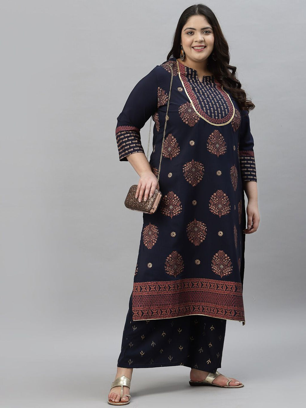 Sztori Plus Size Floral Printed Round Neck Straight Kurta with Palazzos
