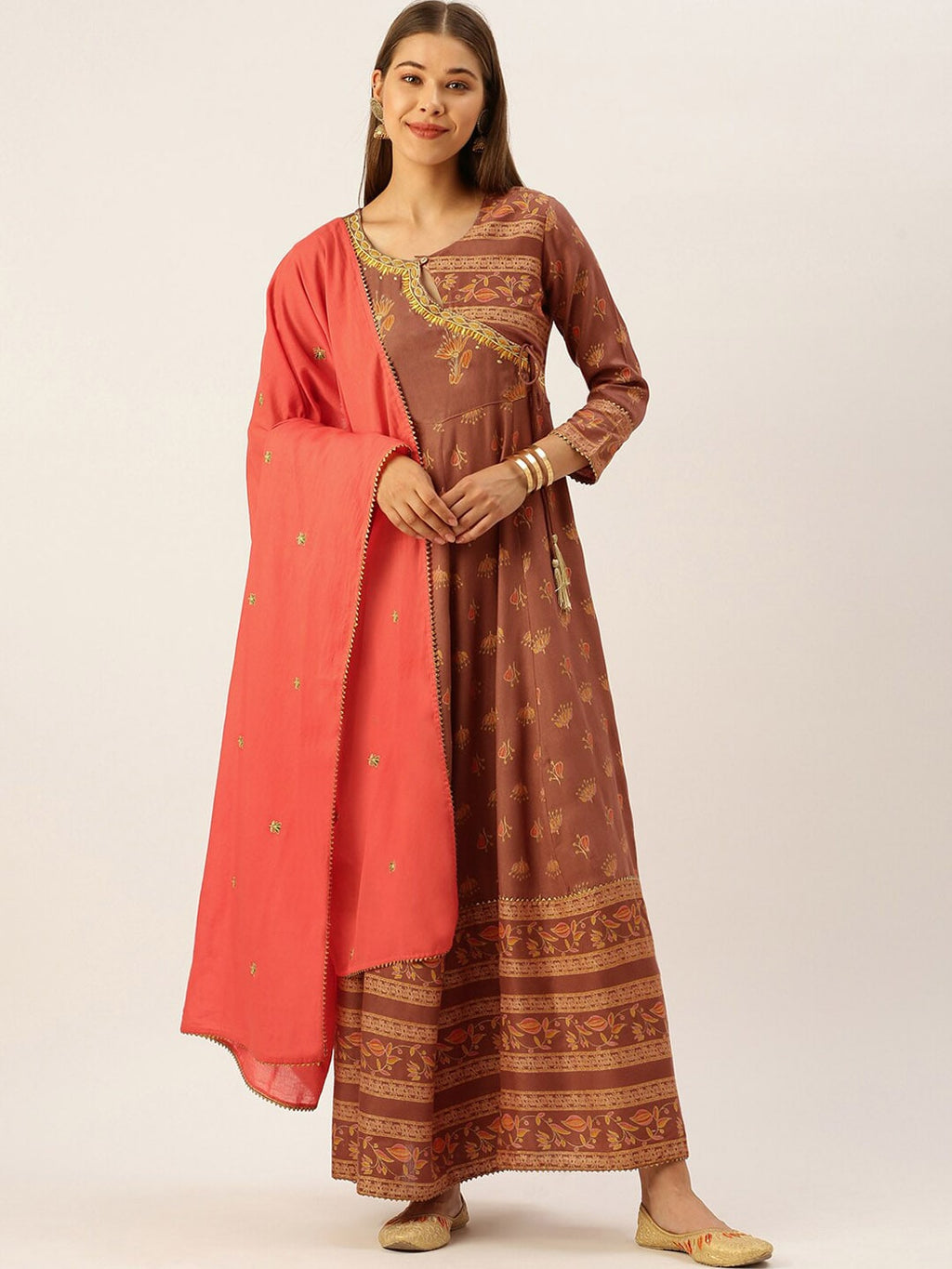 HERE&NOW Women Embroidered Regular Sleeves Kurta with Dupatta