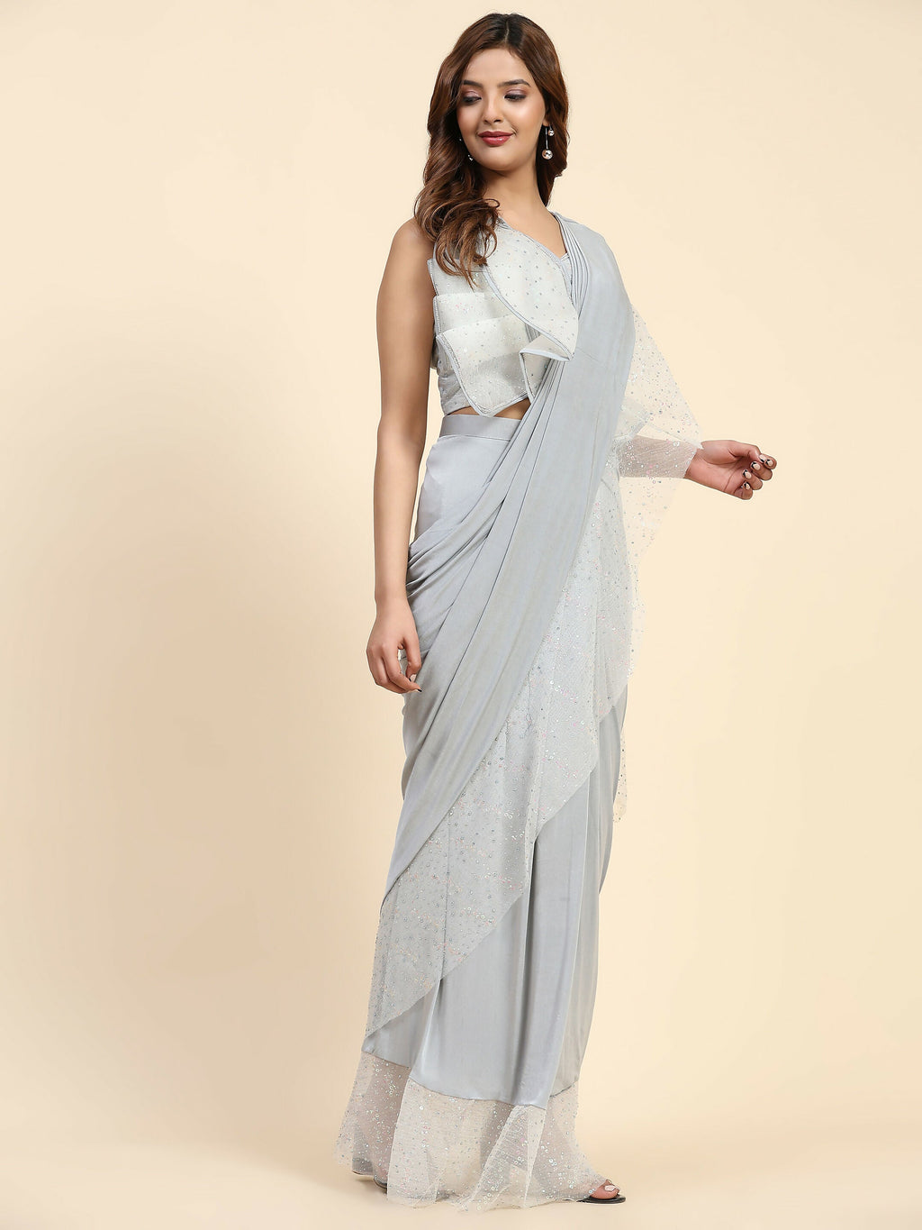 Light Grey Lycra Solid Ready to Wear Saree with stitched Blouse - Nita