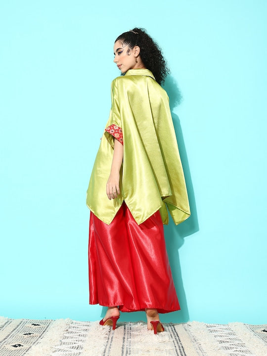 InWeave Women's Olive Red Brocade Satin Boho Kurta Red Palazzo Set