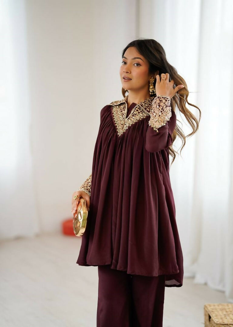 Teeya Creation Maroon Heavy Chinnon Silk Embroidery Work Plazo pair