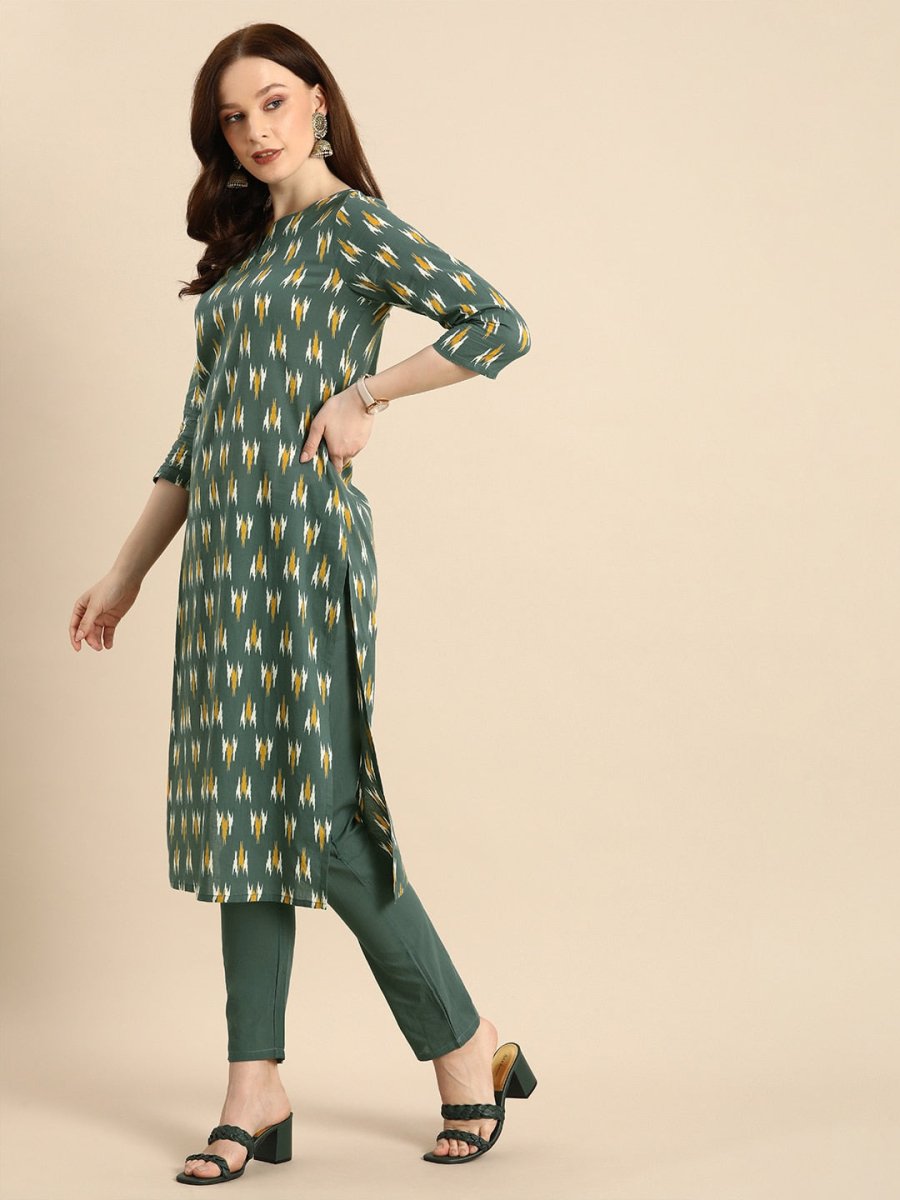 All About You Women Grey Ikat Printed Pure Cotton Kurta with Trousers & Dupatta
