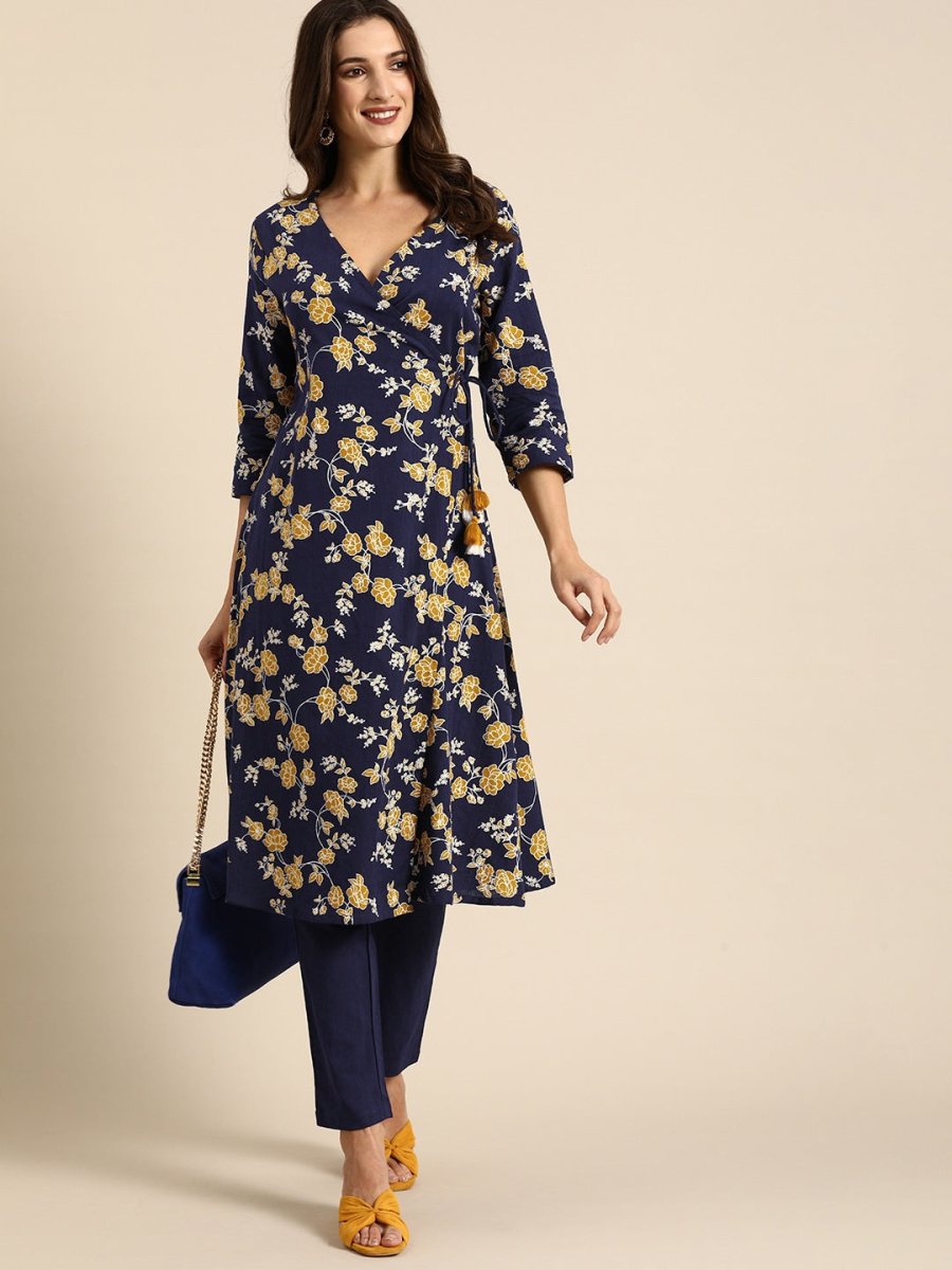 All About You Women Navy Blue Floral Printed Angrakha Pure Cotton Kurta with Trousers