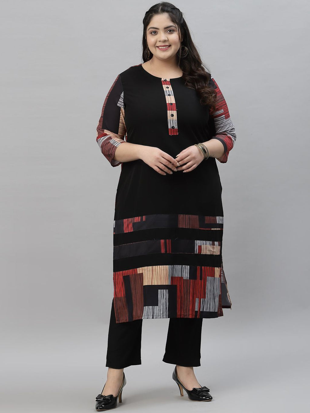 Sztori Black & Red Ethnic Motifs Printed Crepe A-Line Kurta