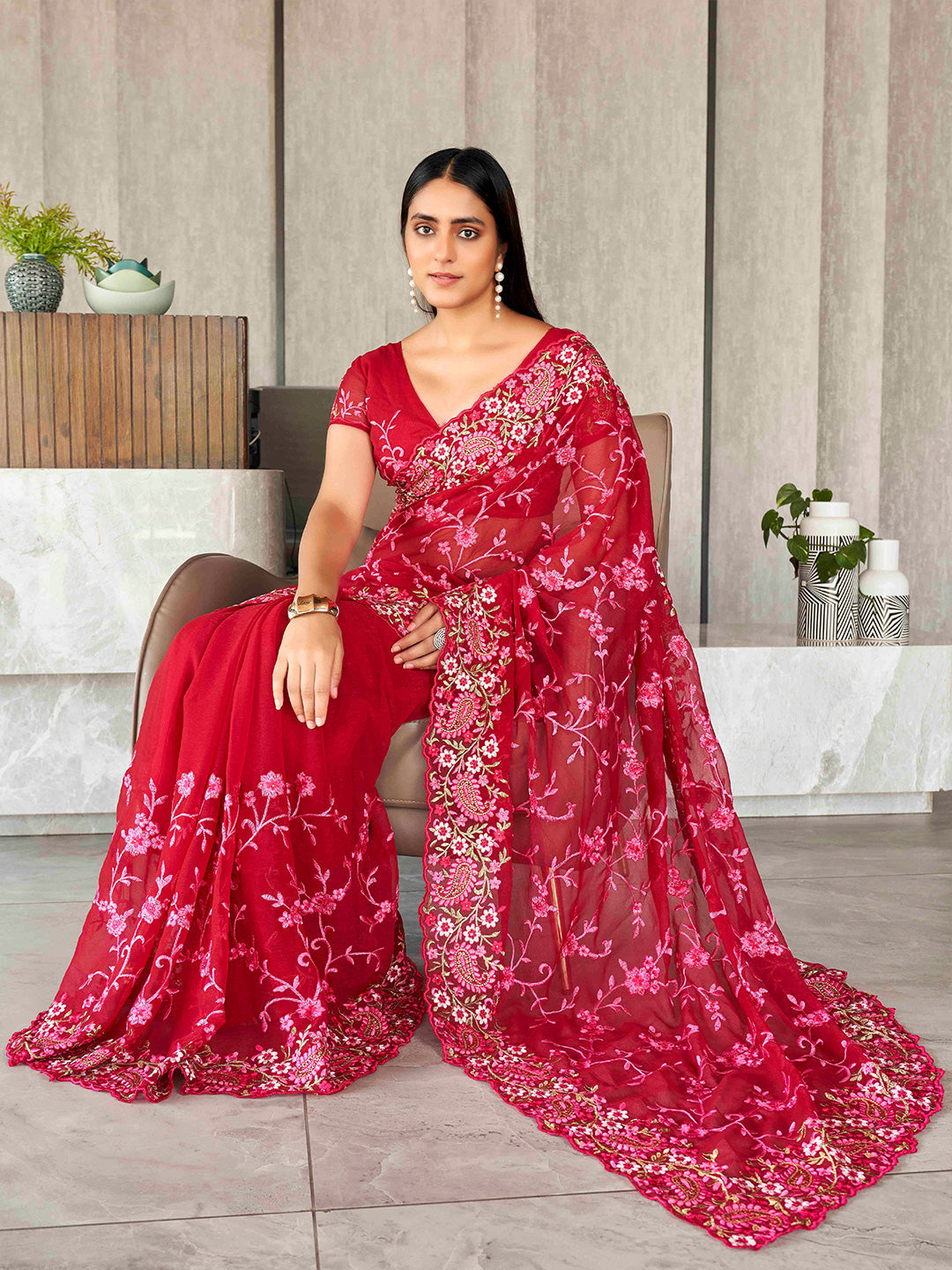Tikhi Imli Floral Embroidered Chiffon Heavy Work Saree
