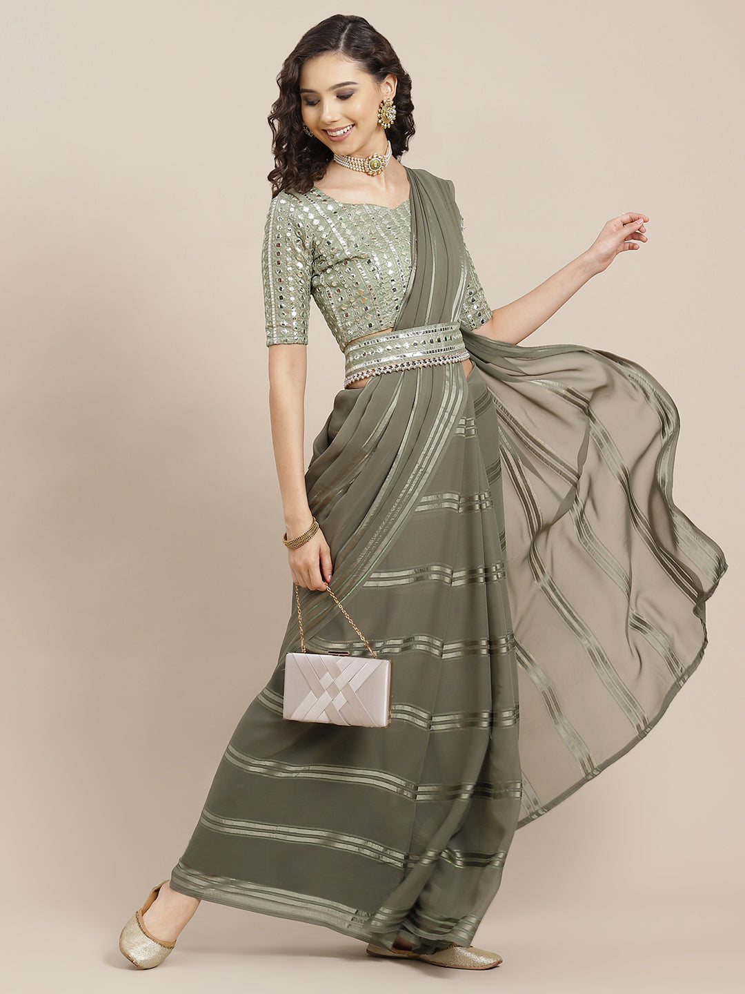 Saree Mall Taupe Striped Leheriya Saree With Belt