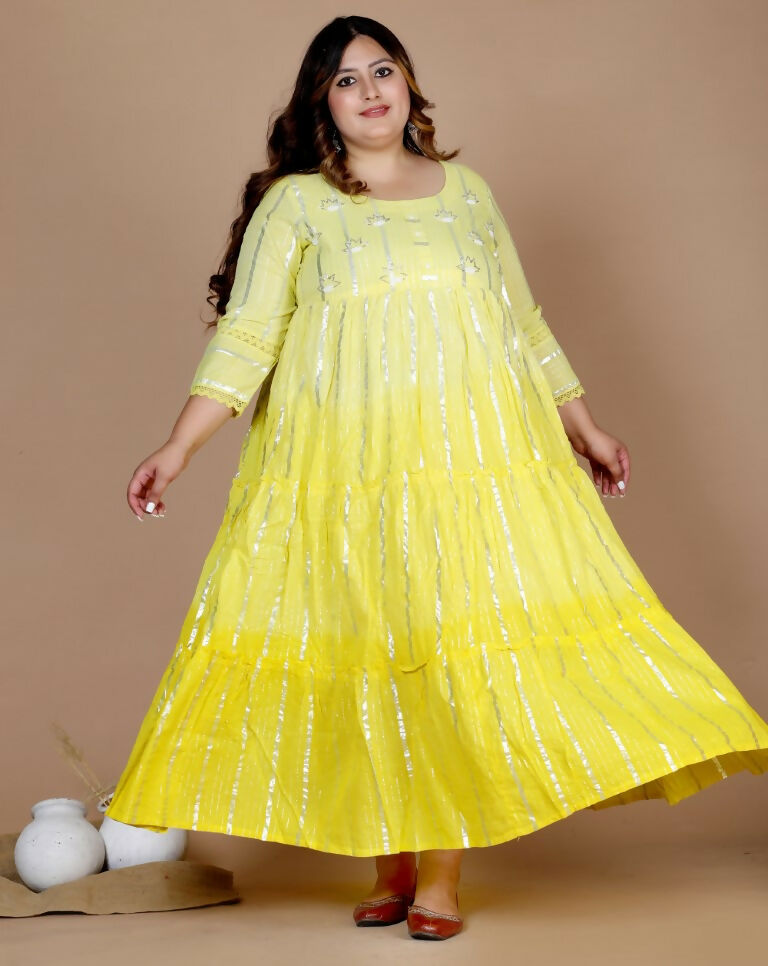 Miravan Women's Plus Size Cotton Embroidery And Lace Work Yellow Party Wear Anarkali Kurta
