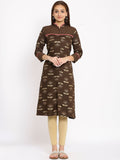 HERE&NOW Brown & Beige Mandarin Collar Floral Printed Straight Kurta