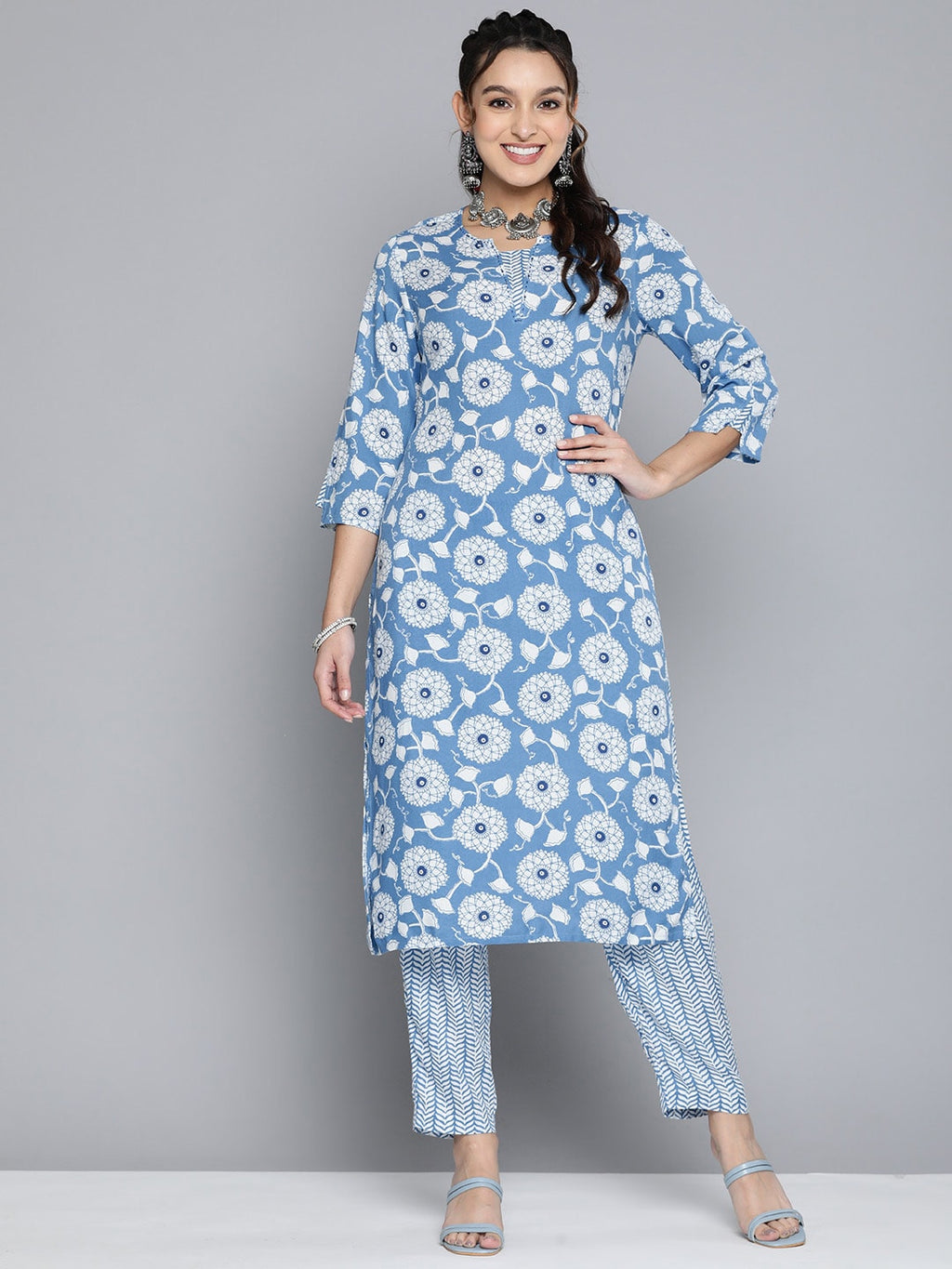 HERE&NOW Women Ethnic Motifs Printed Kantha Work Kurta With Trousers