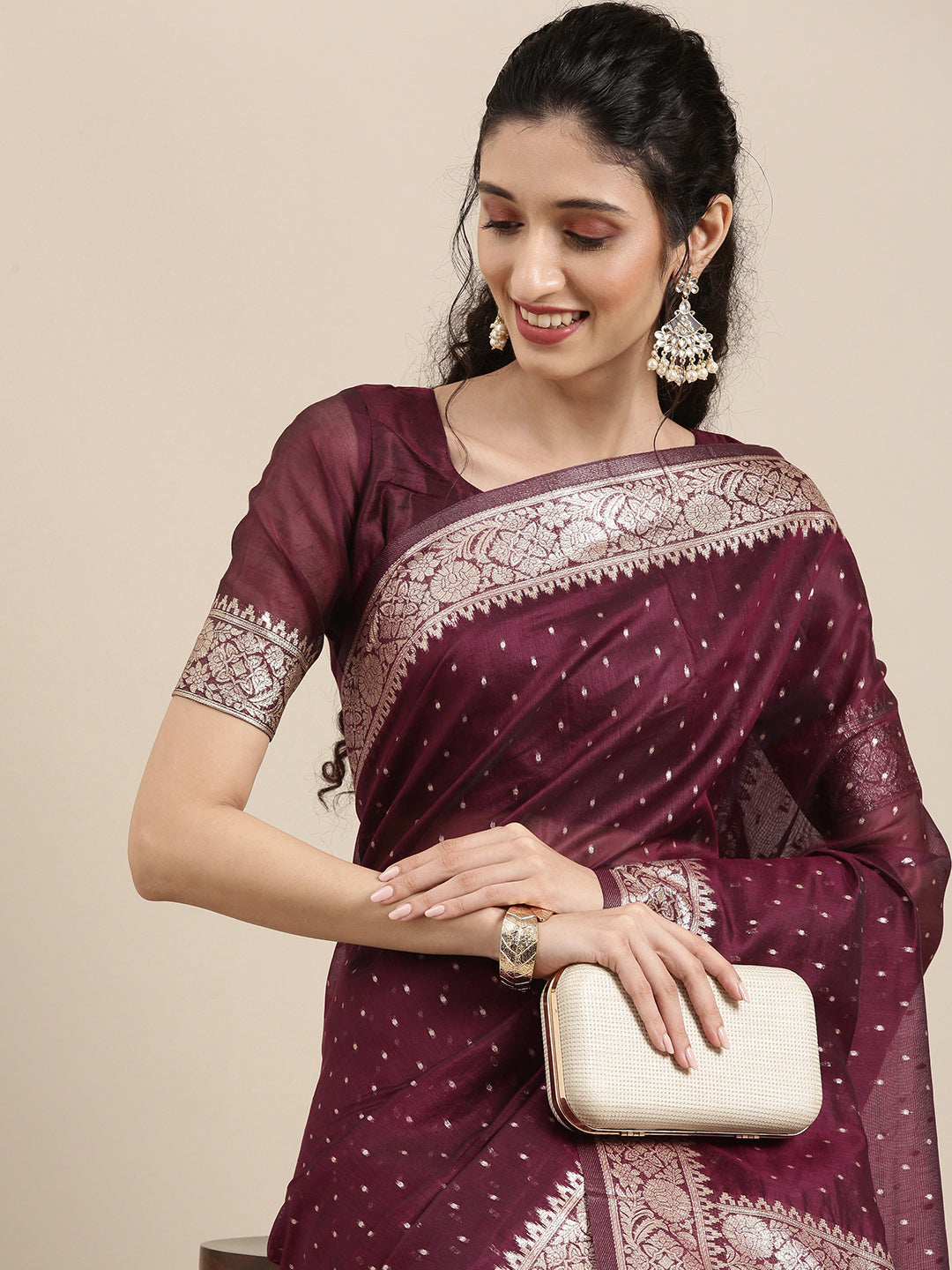 Saree Mall Maroon Woven Design Zari Silk Blend Banarasi Saree