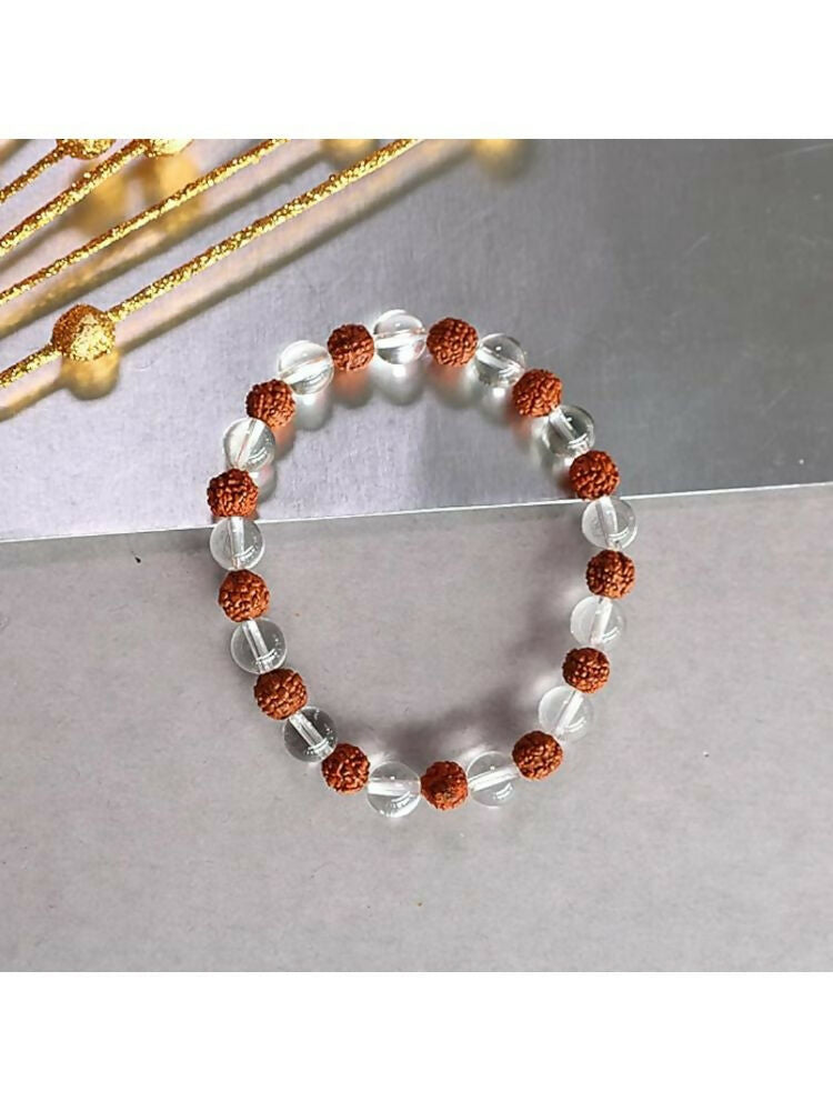NVR Natural Rudraksha & Quartz Beaded Stretchable Bracelet