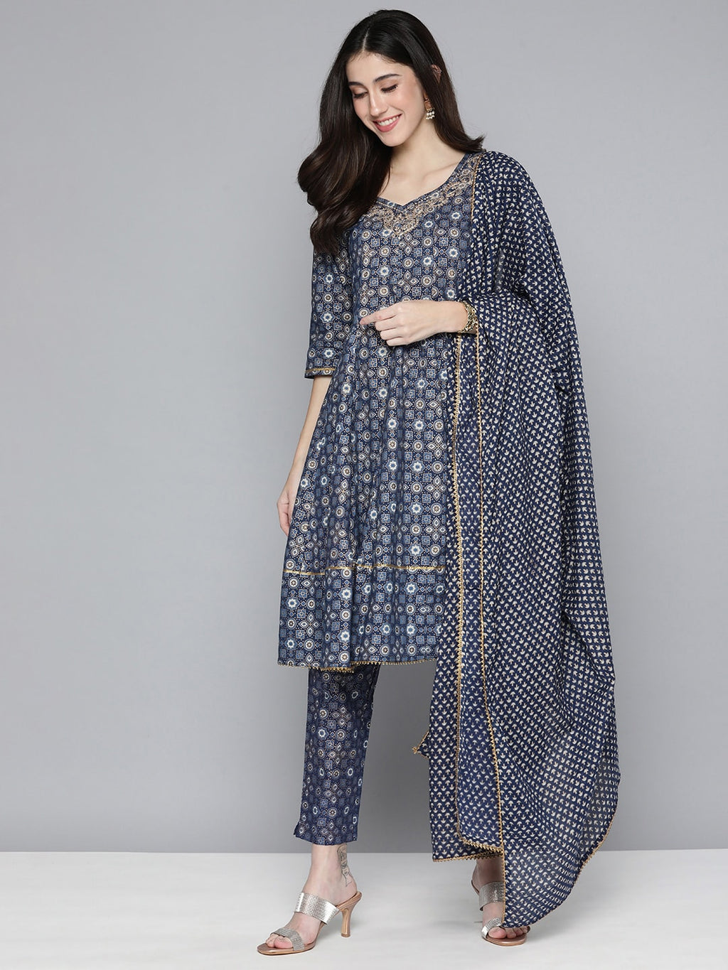 HERE&NOW Ethnic Embroidered & Printed Pure Cotton Anarkali Kurta with Trousers & Dupatta