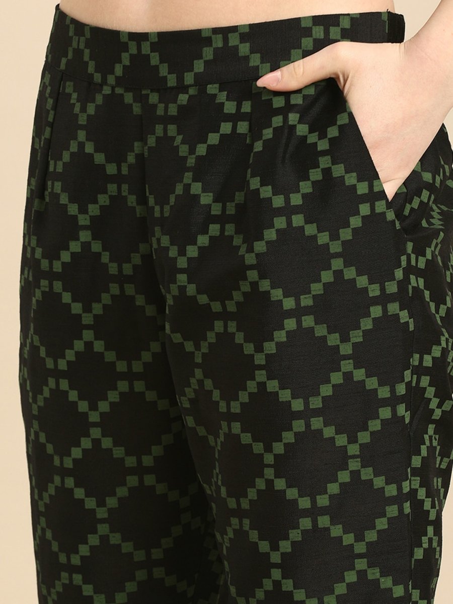 All About You Women Black & Green Embroidered Kurta with Trousers