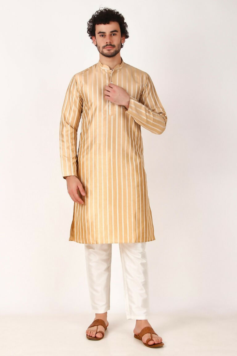 Brown Art Silk Woven Designer Men's Rajwadi Kurta Set - Mahotsav