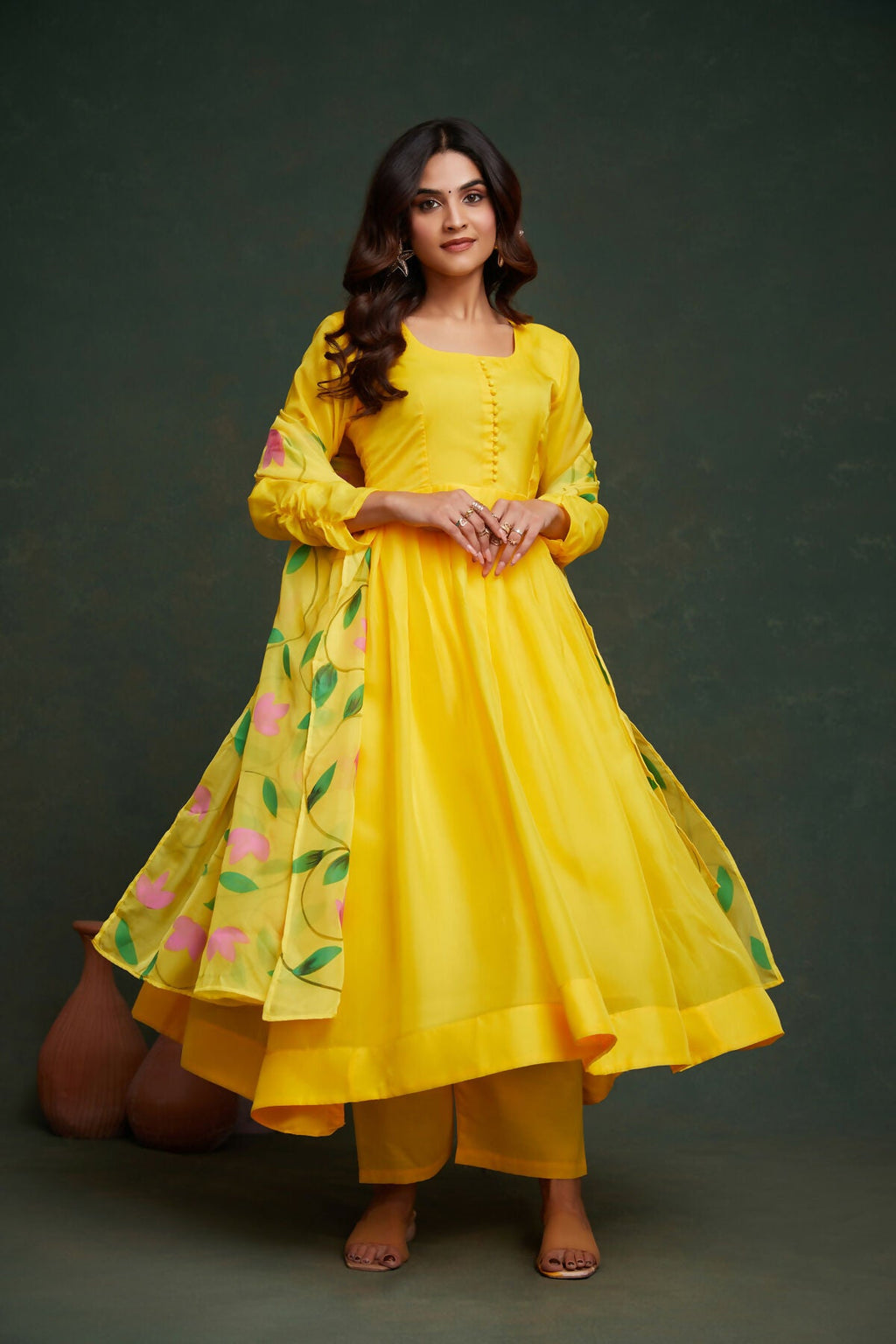 Aayaa Viscose Organza Dyeable Hand Painted Suit - Lemon Yellow