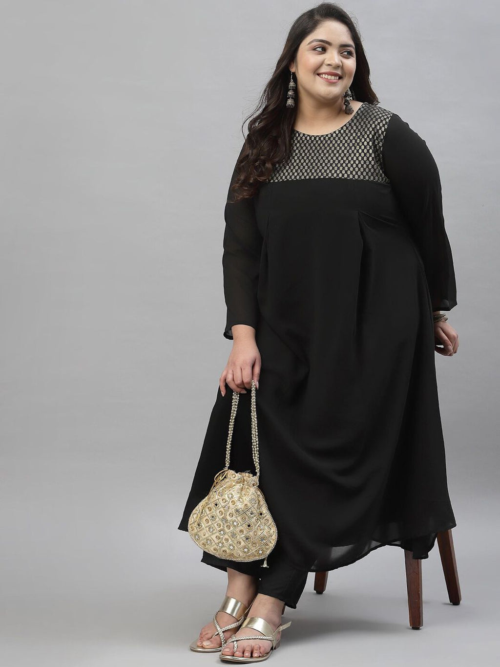 Sztori Plus Size Ethnic Motif Foil Printed Straight Georgette Kurta with Trousers