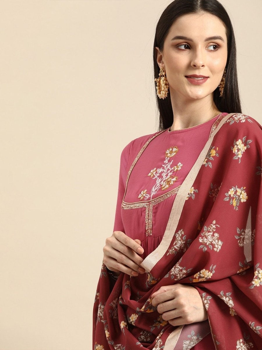 All About You Women Rust Pink Ethnic Motifs Yoke Design Thread Work Kurta with Dupatta