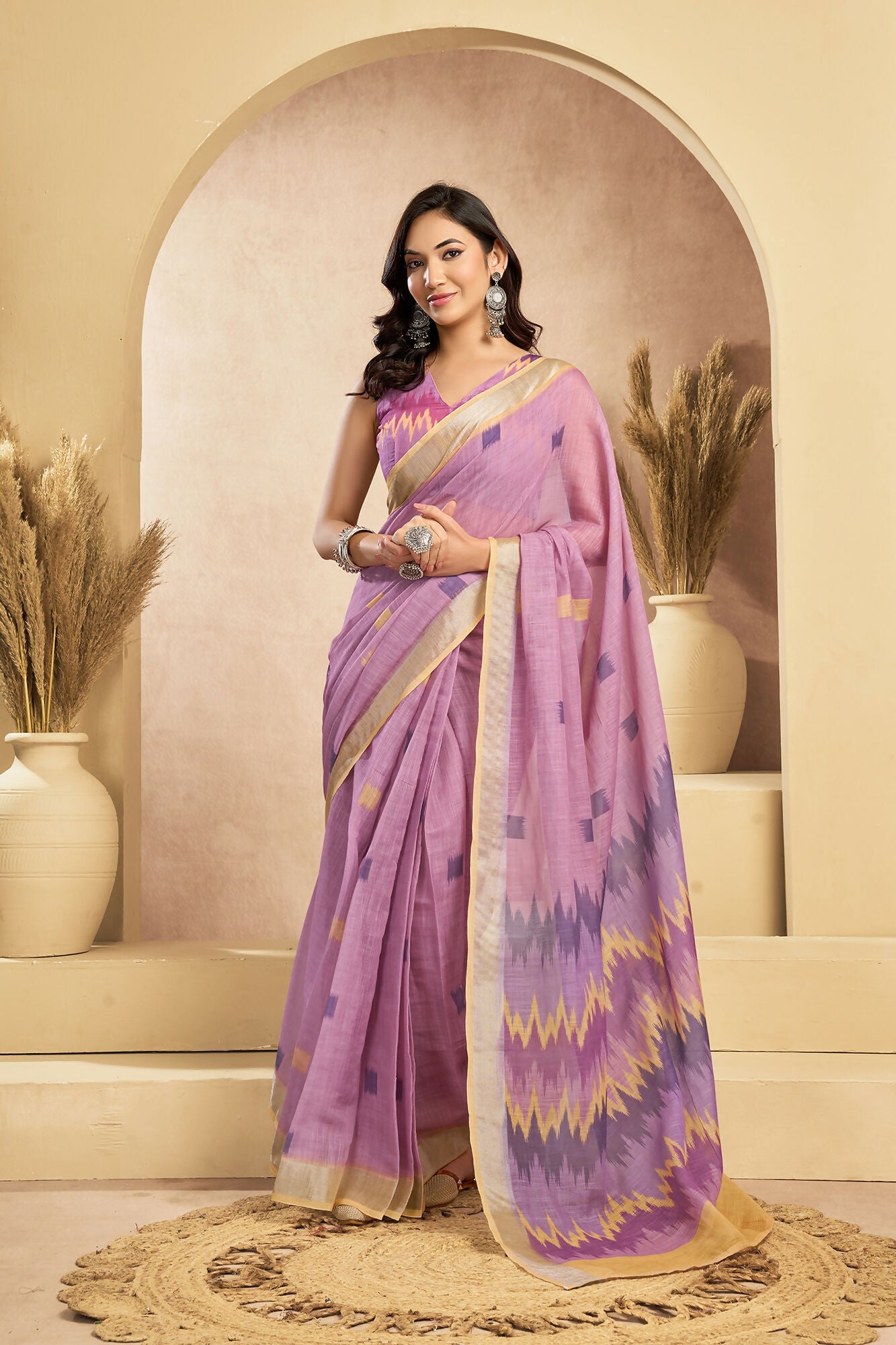 Vastranavya Onion Pink Digital Printed Linen Ready To Wear Pocket Saree with Unstitched Blouse
