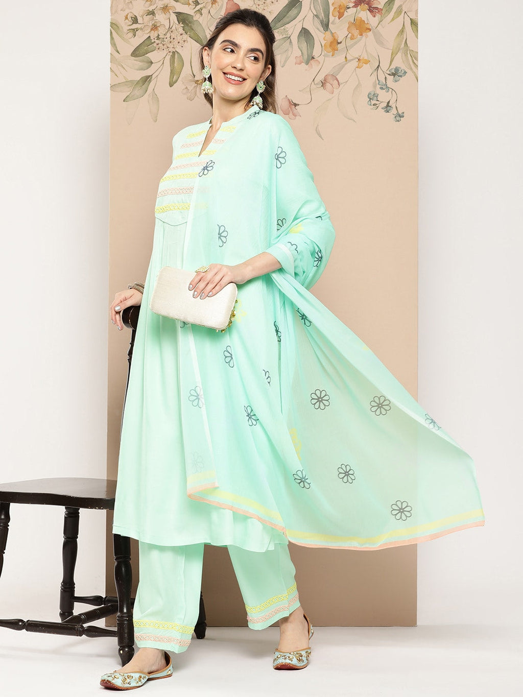HERE&NOW Women Yoke Design Kurta with Trousers & Dupatta