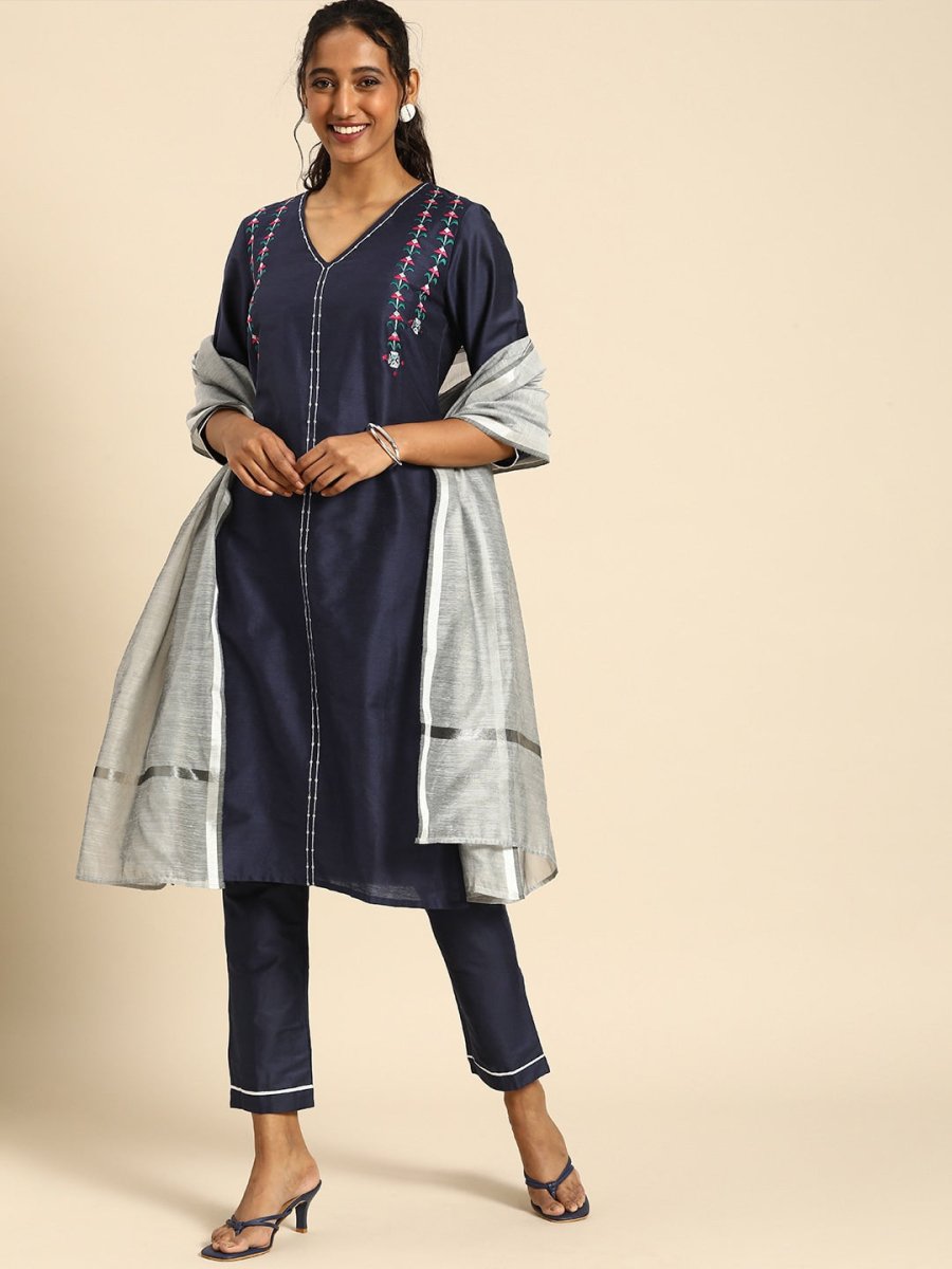All About You Women Navy Blue Embroidered Regular Thread Work Kurta with Trousers