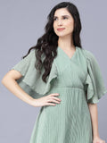 Myshka Chiffon Solid Short Sleeve V Neck Green Women Dress