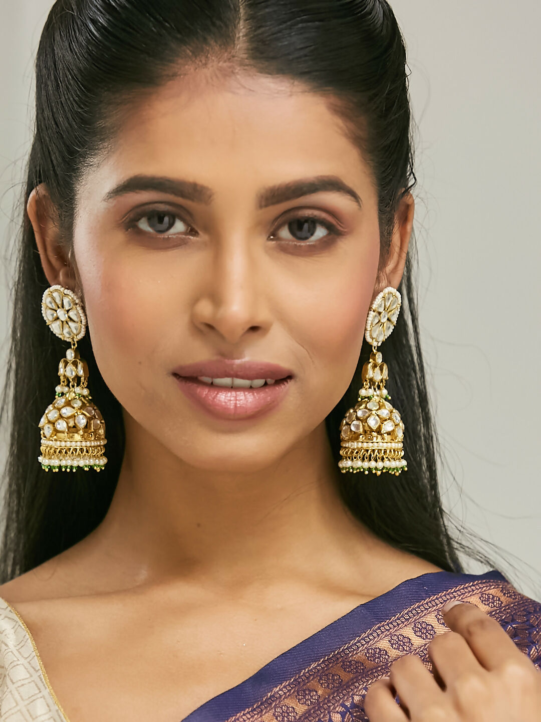 Nuyug 22K Gold-Plated Kundan Stone Studded & Pearl Beaded Dome Shaped Jhumkas