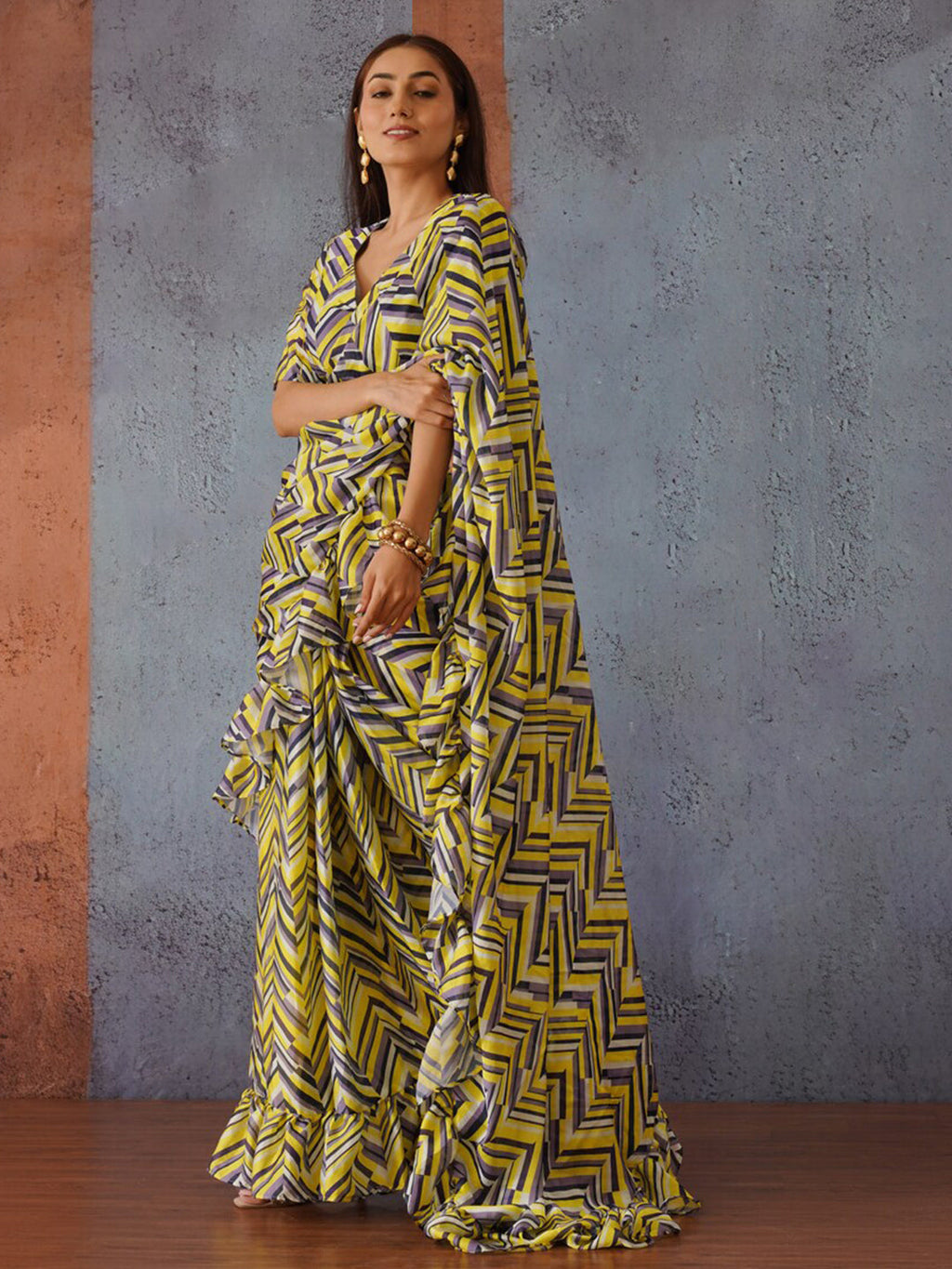 Tikhi Imli Geometric Digital Printed Ruffled Ready to Wear Saree
