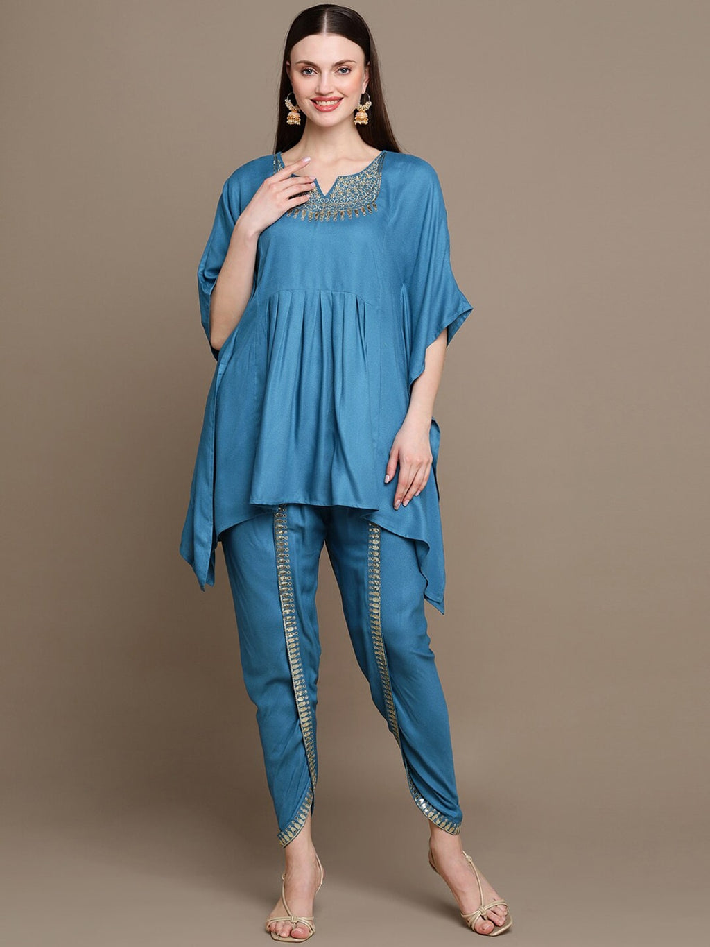 HERE&NOW Floral Embroidered Sequined Kaftan Kurti with Dhoti Pants