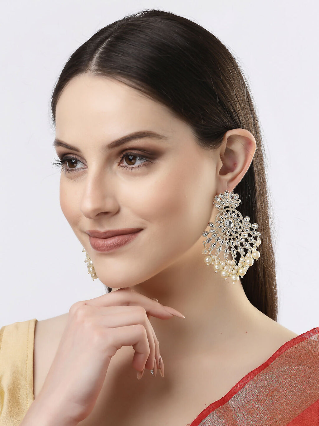 NVR Women Gold-Polished Kundan Chandbali Earrings