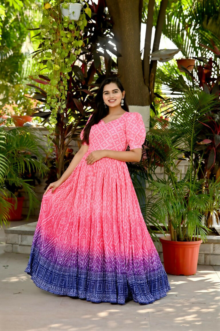 Jyoti Fashion Women's Pink Bandhej Print with Crush Pleating Muslin Anarkali Dress