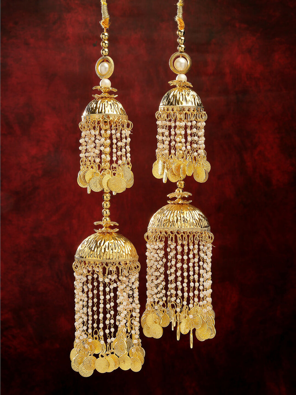 NVR Women's Pack Of 2 Gold-Polished & White Pearl Beaded Bridal Layered Heavy Kaleera Sets
