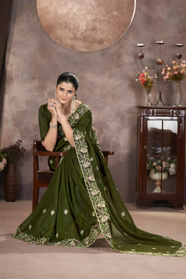 Vastranavya Gold Crunchy Multi Colour Threads Embroidery Work with Sequins Work Saree with Blouse material - Mehendi