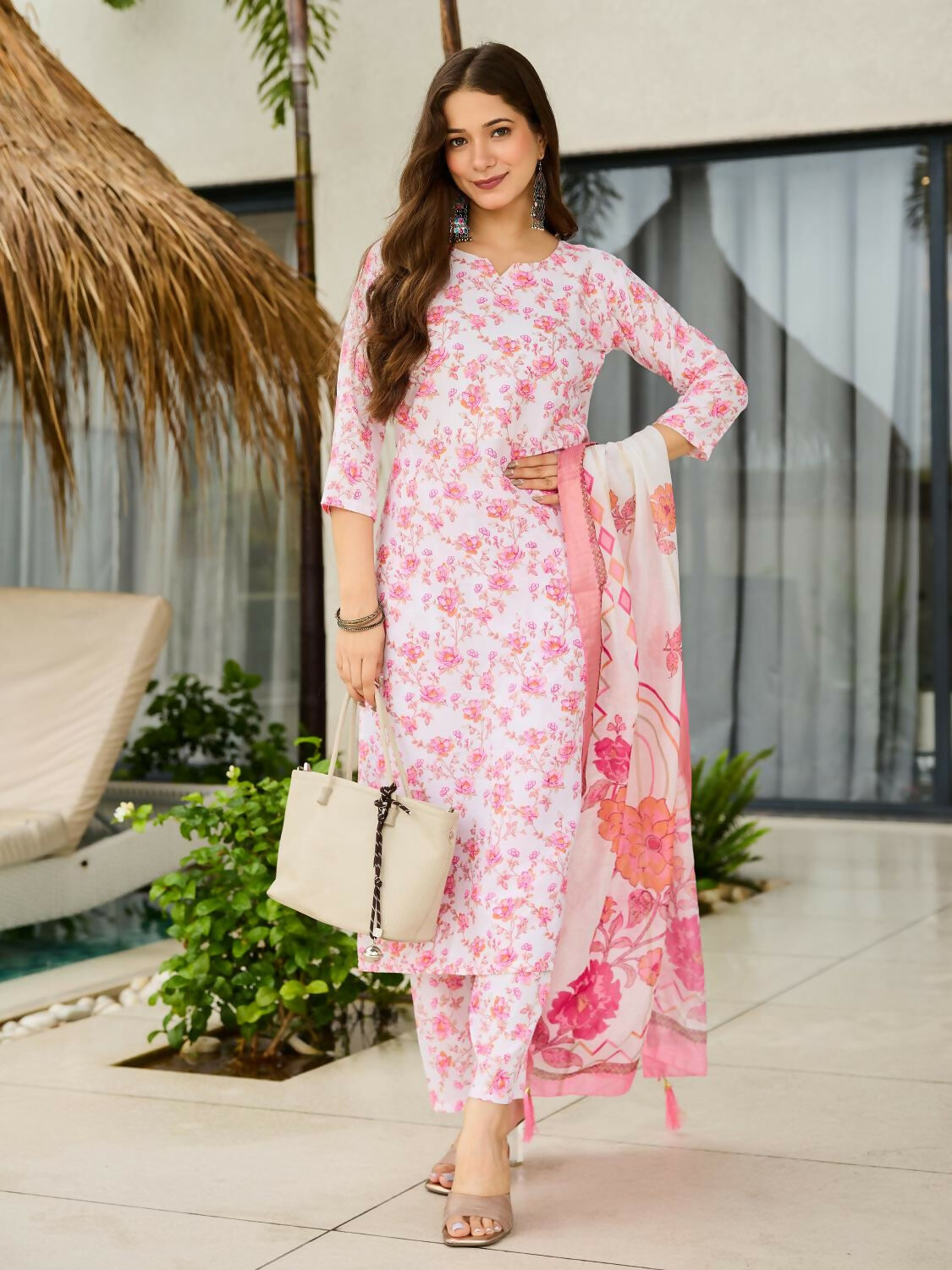 The52 Pink Women's Beautiful Printed Silk Blend Fabric with Straight Kurta, Pant and Dupatta Set