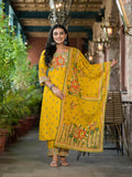 Juniper Women's Mustard Floral Printed Liva Rayon Kurta Pant And Dupatta Set With Sequins
