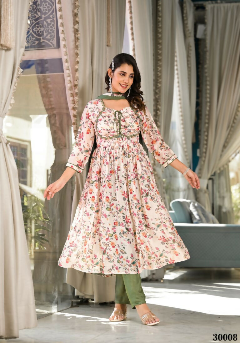 Designer Stylish Cream Slim Georgette Stitched Suit With Dupatta - Kiyara