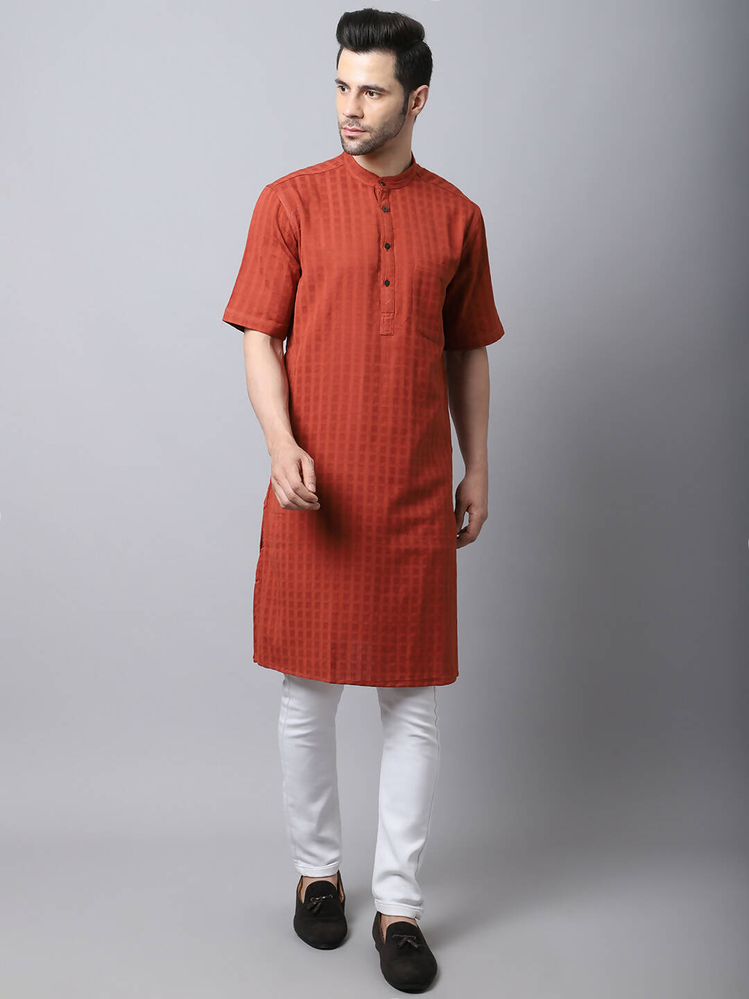Even Apparels Red Pure Cotton Kurta With Band Collar