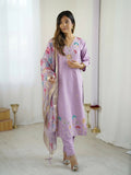 The52 Lavender Women's Gorgeous Embroidered work Viscose Gadhwal Fabric Straight Kurta, Pant and Dupatta Set