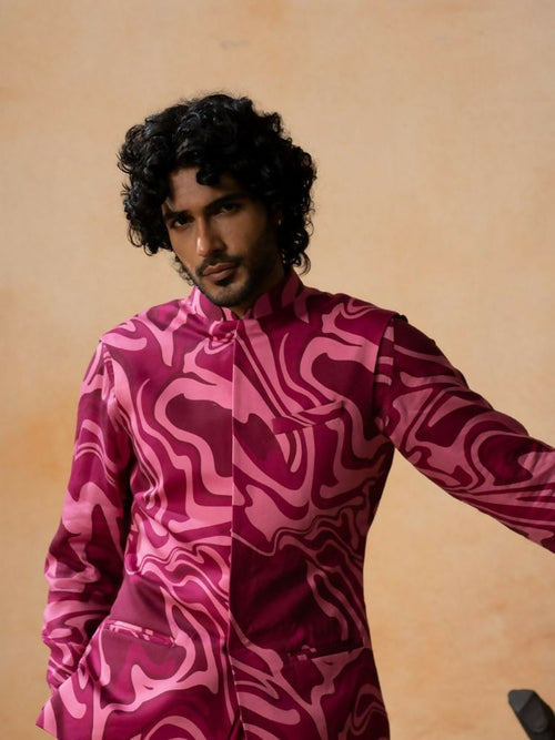 Abstract Marble Print Cotton Nehru Jacket Set by Hilo Design