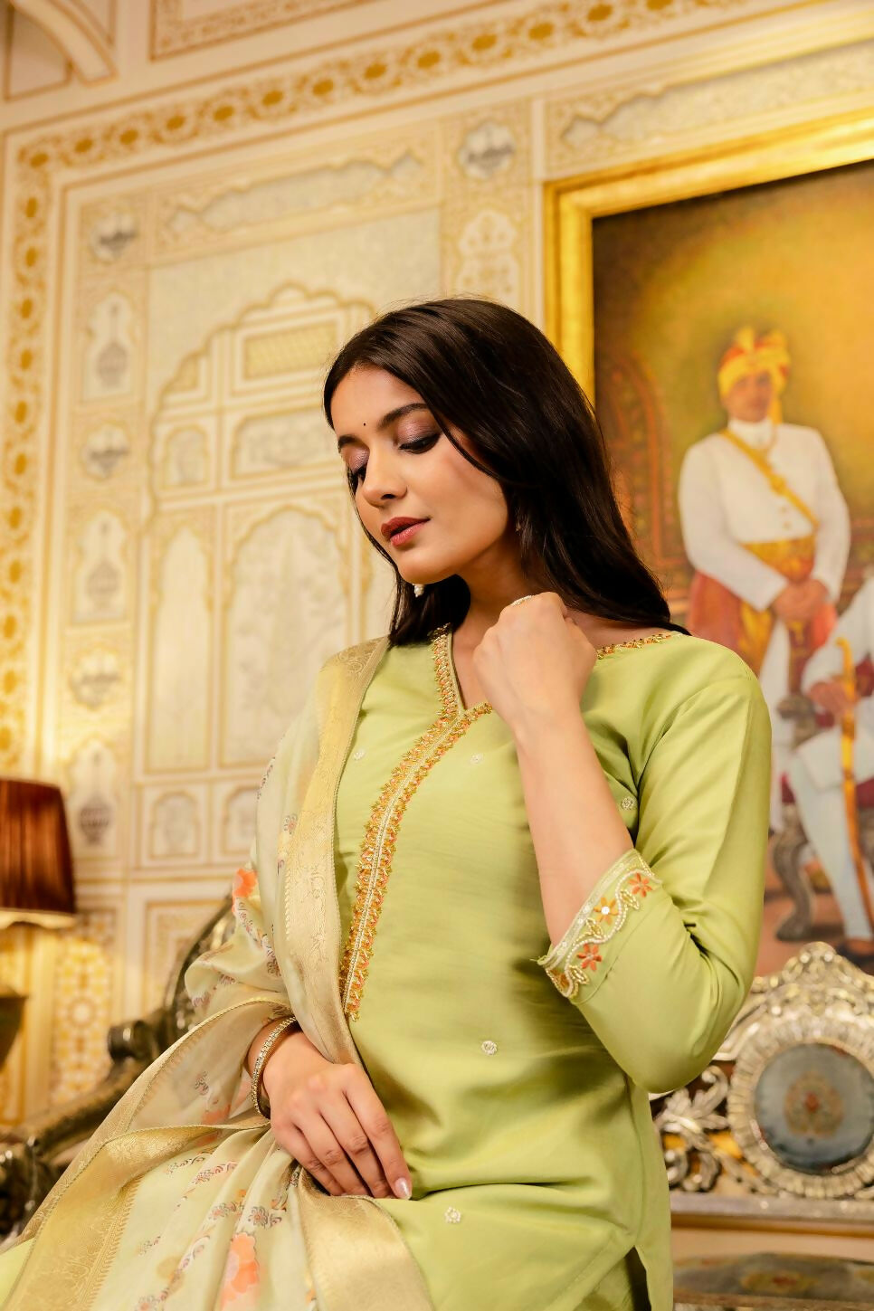 The52 Lemons Women's Beautiful Viscose Shimmer Fabric Embroidered Work Straight Kurta Pant and Dupatta Set