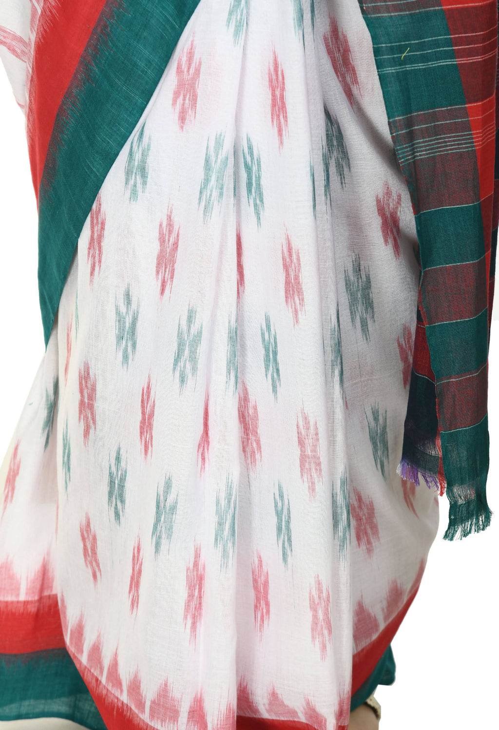 Vamika Sambalpuri Ikat Cotton Dehabandha White, Red & Green Saree