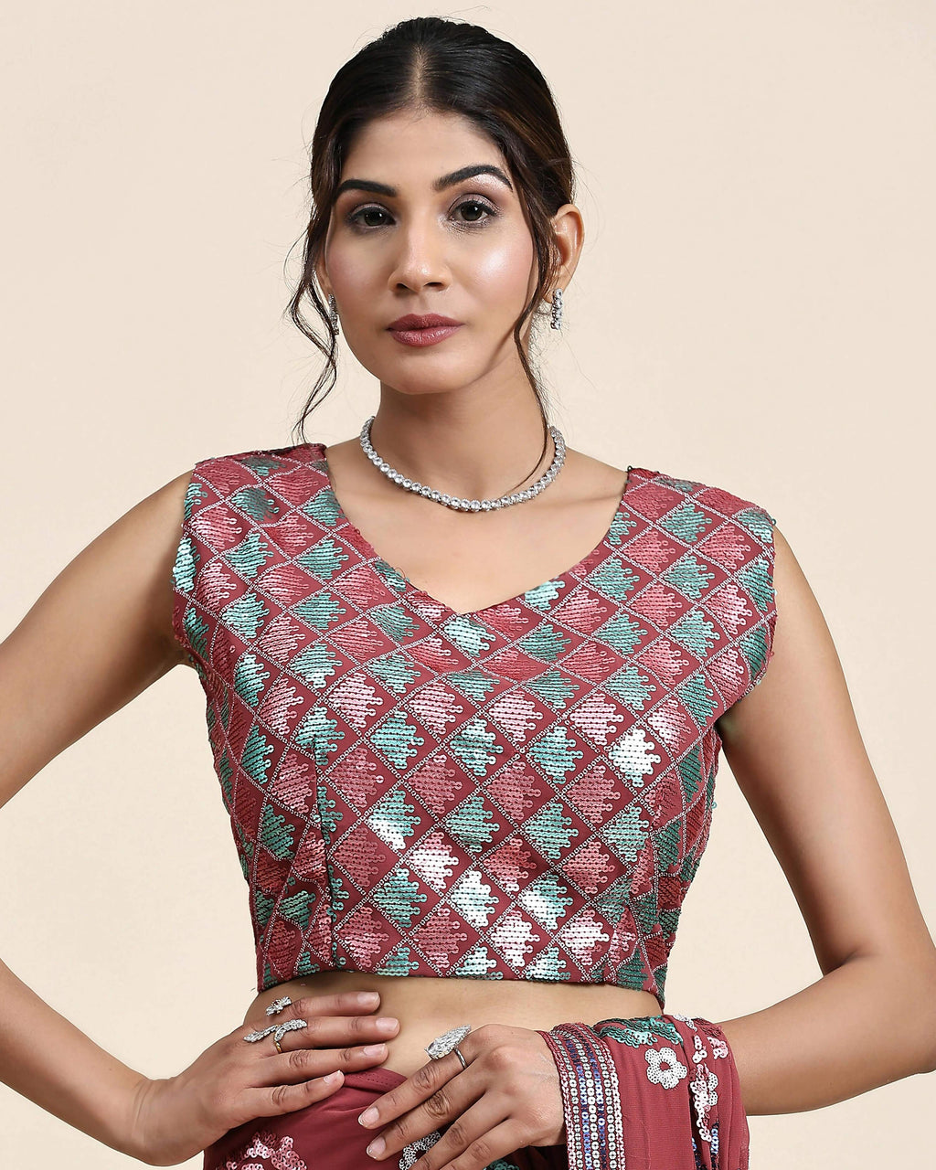 Peach Pure Georgette Sequence work Ready to wear Saree with stitched Blouse - Nirvana
