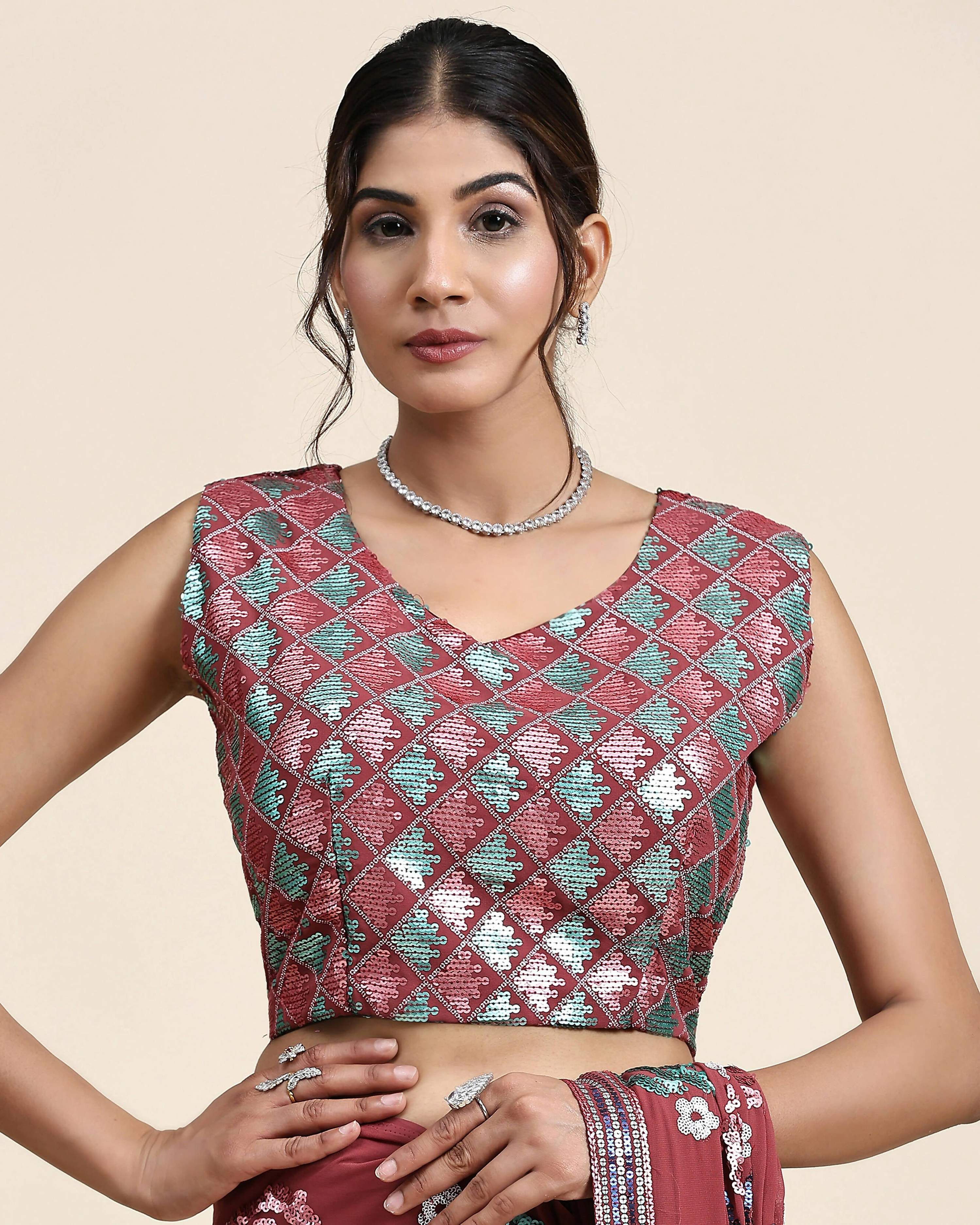 Peach Pure Georgette Sequence work Ready to wear Saree with stitched Blouse - Nirvana