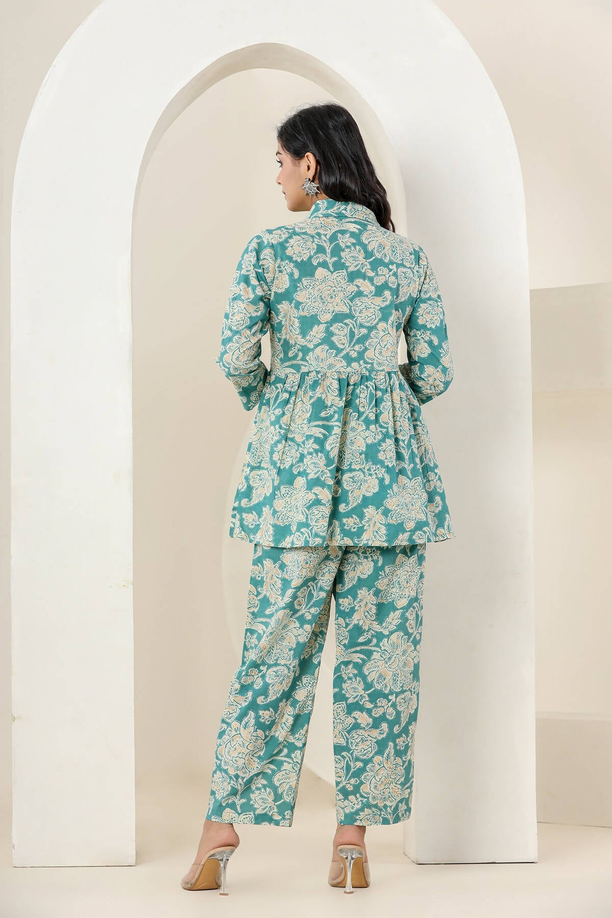 Kaajh Women's Turqouise Gold Print Cotton Co-ord Set