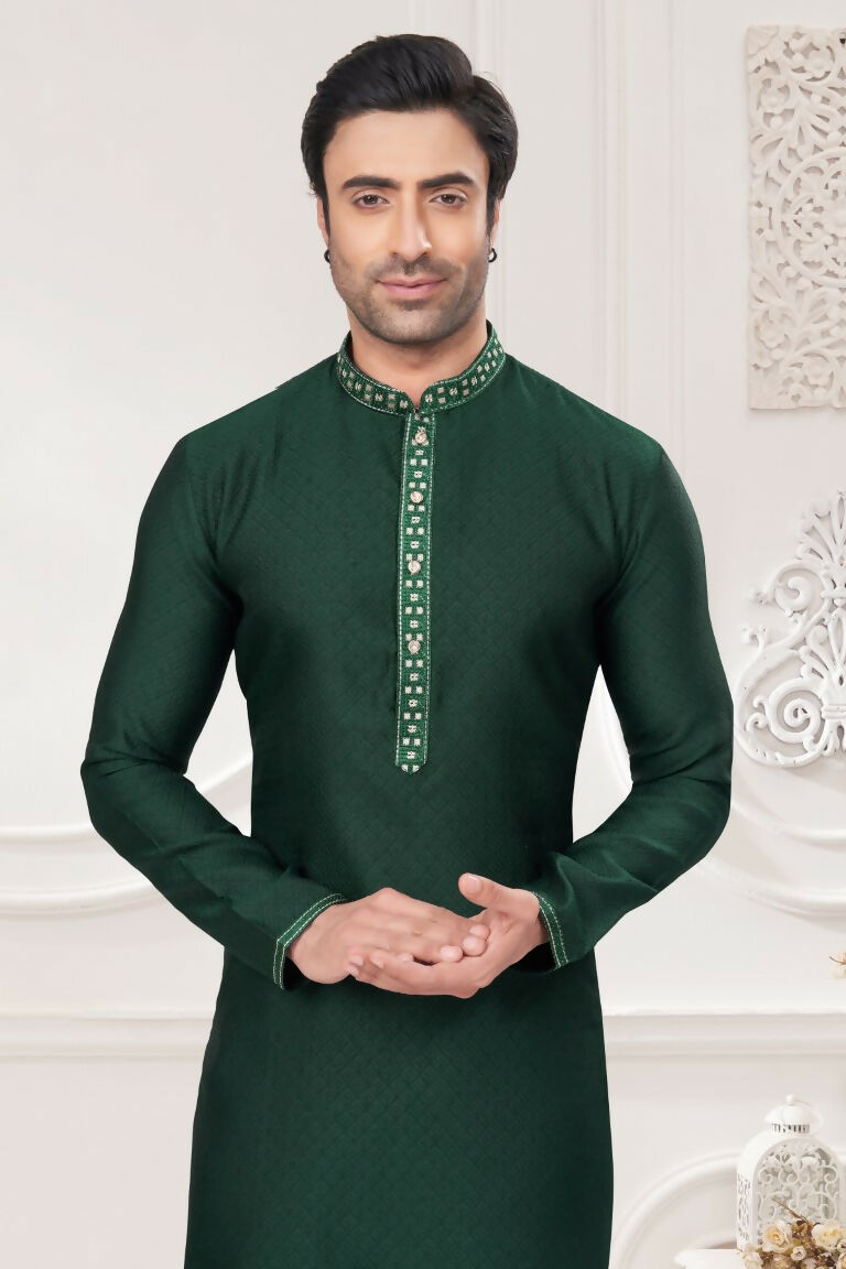Functional Designer Men's Green Jacquard Kurta With Pant - Rudra