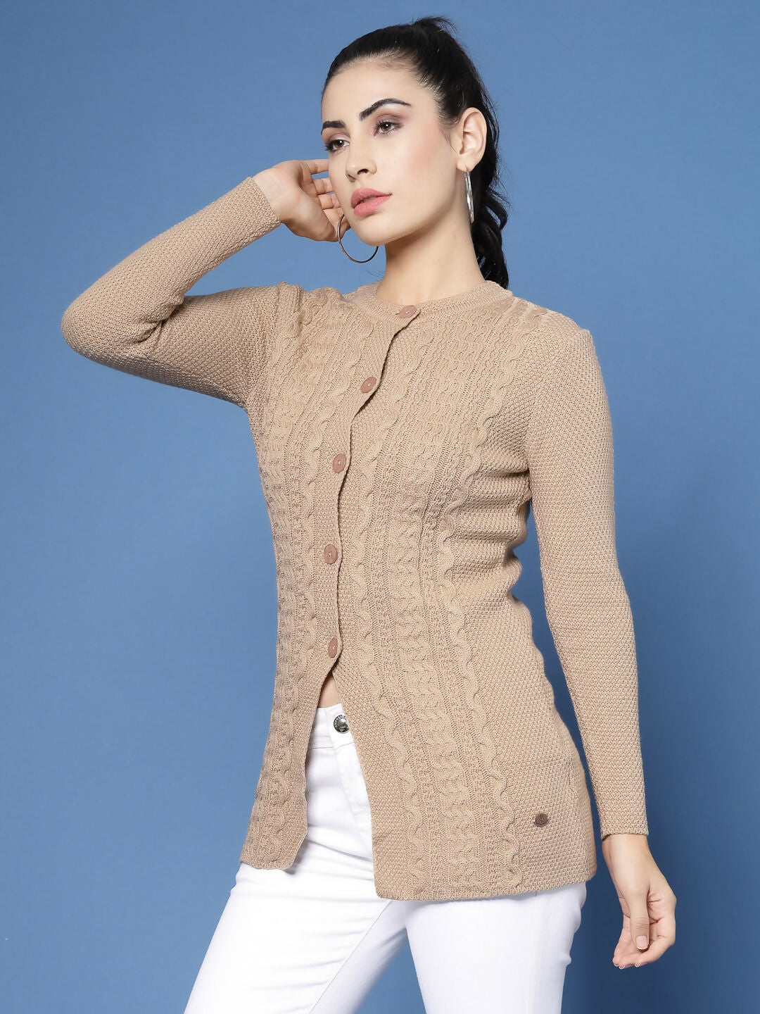 Women Self Design Camel Brown Acrylic Winter Cardigan - Wool Trees