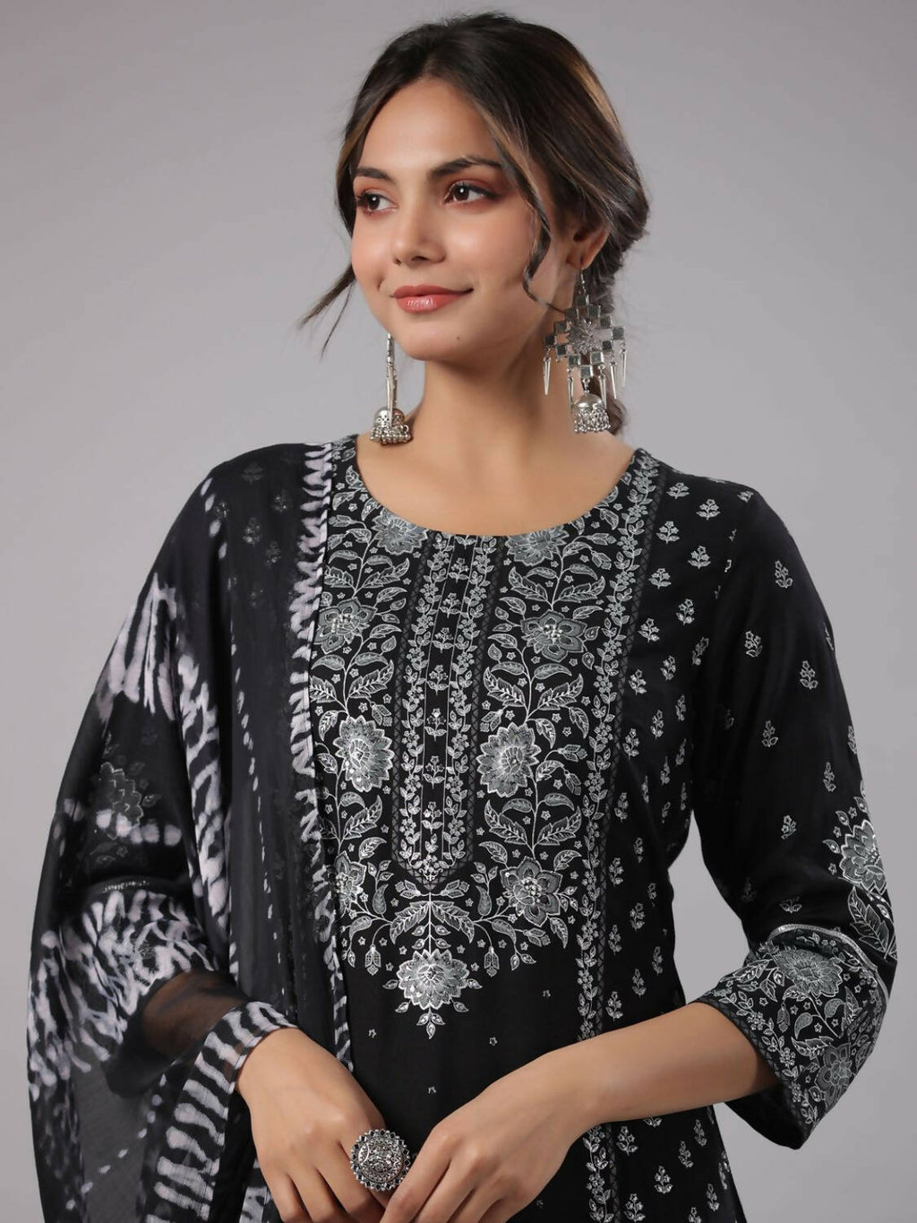 Juniper Women Black Rayon Staple Kalamkari Printed Kurta, Pants and Dupatta Set