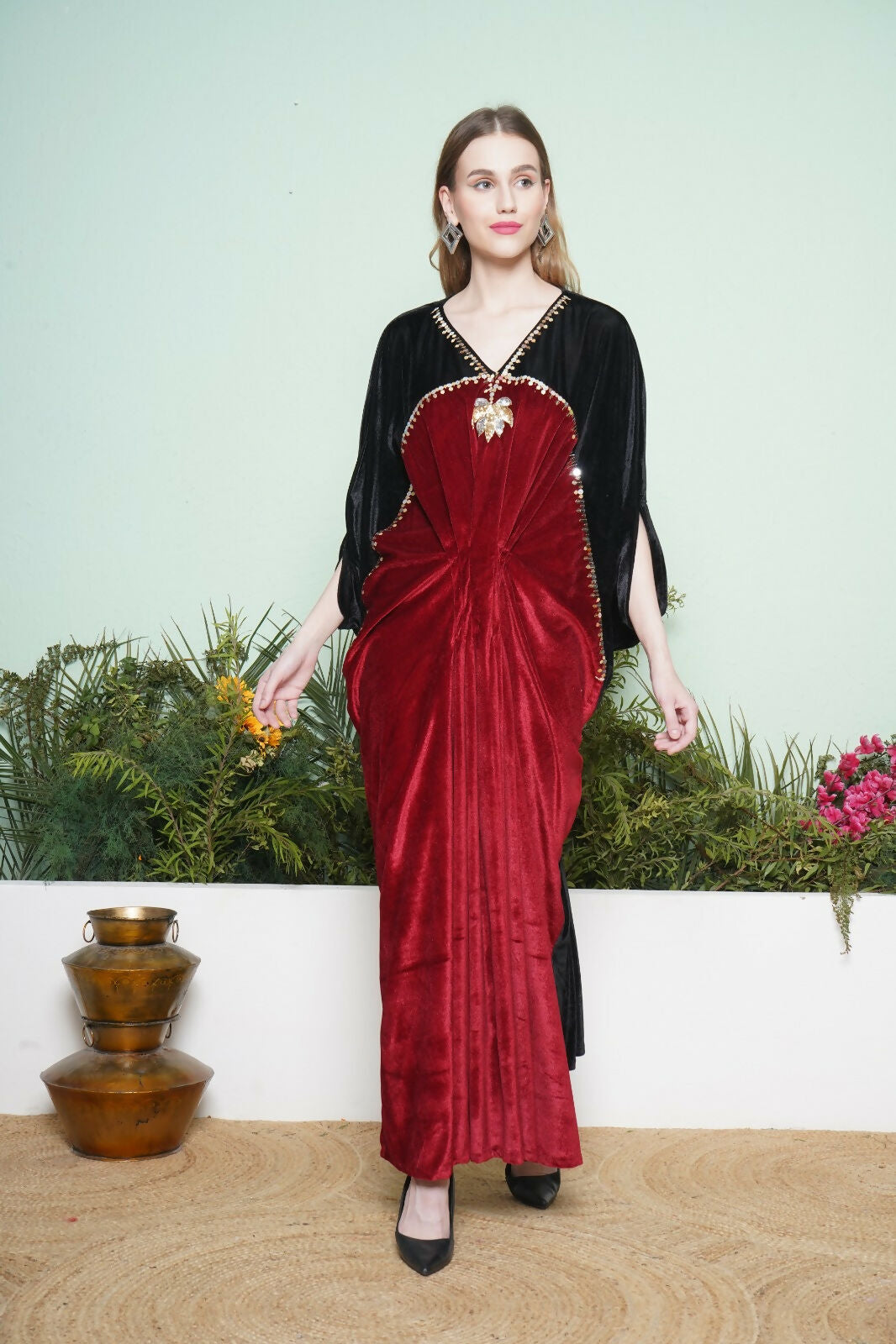 Joban Fashion Black And Maroon Hand Embellished Gown