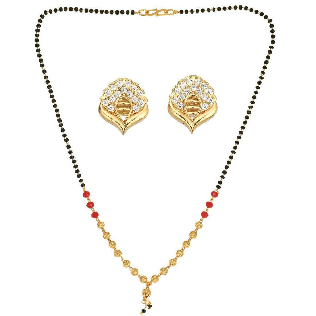 AanyaCentric Gold-Polished Short Mangalsutra Set with Earrings
