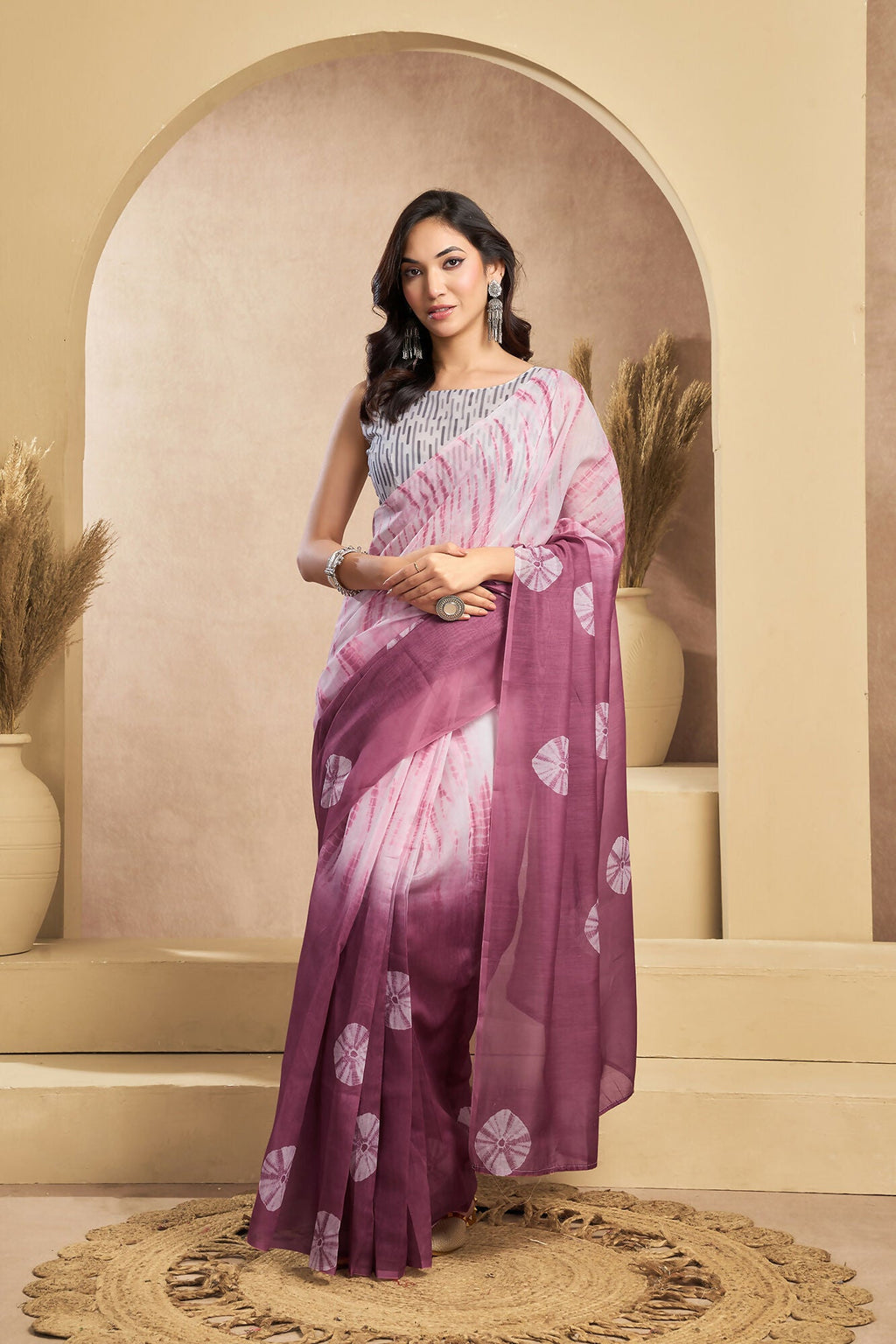 Vastranavya White Onion Digital Printed Linen Ready To Wear Designer Saree with Unstitched Blouse