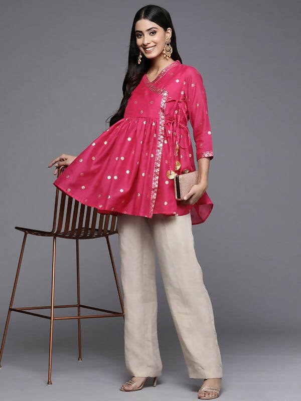 Ahalyaa Womens Pink Chanderi Printed Angrakha Style Tunic